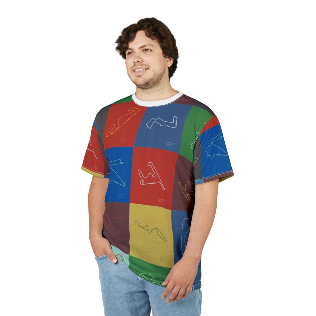 Race Track Grid All-Over Print Tee — Colorful Circuit Outline Shirt