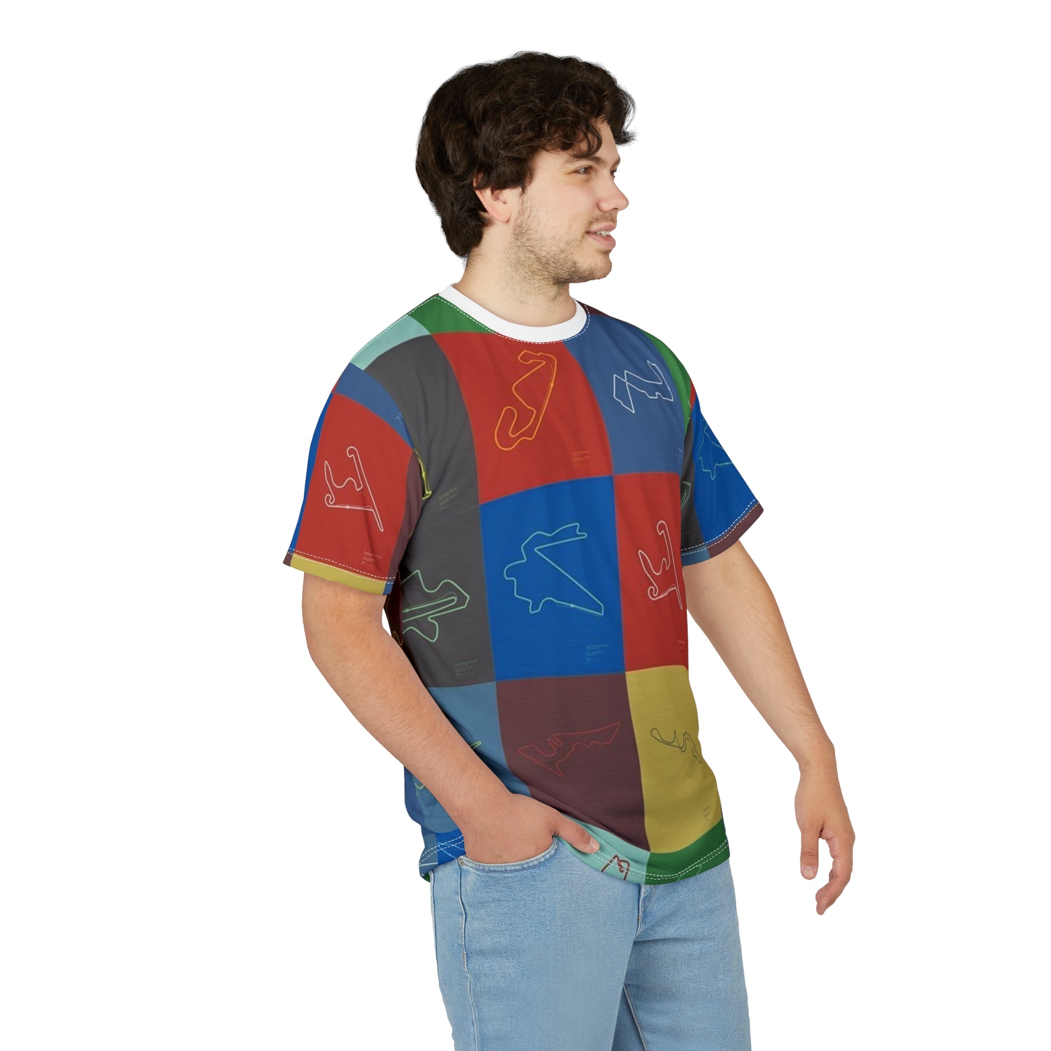 Race Track Grid All-Over Print Tee — Colorful Circuit Outline Shirt