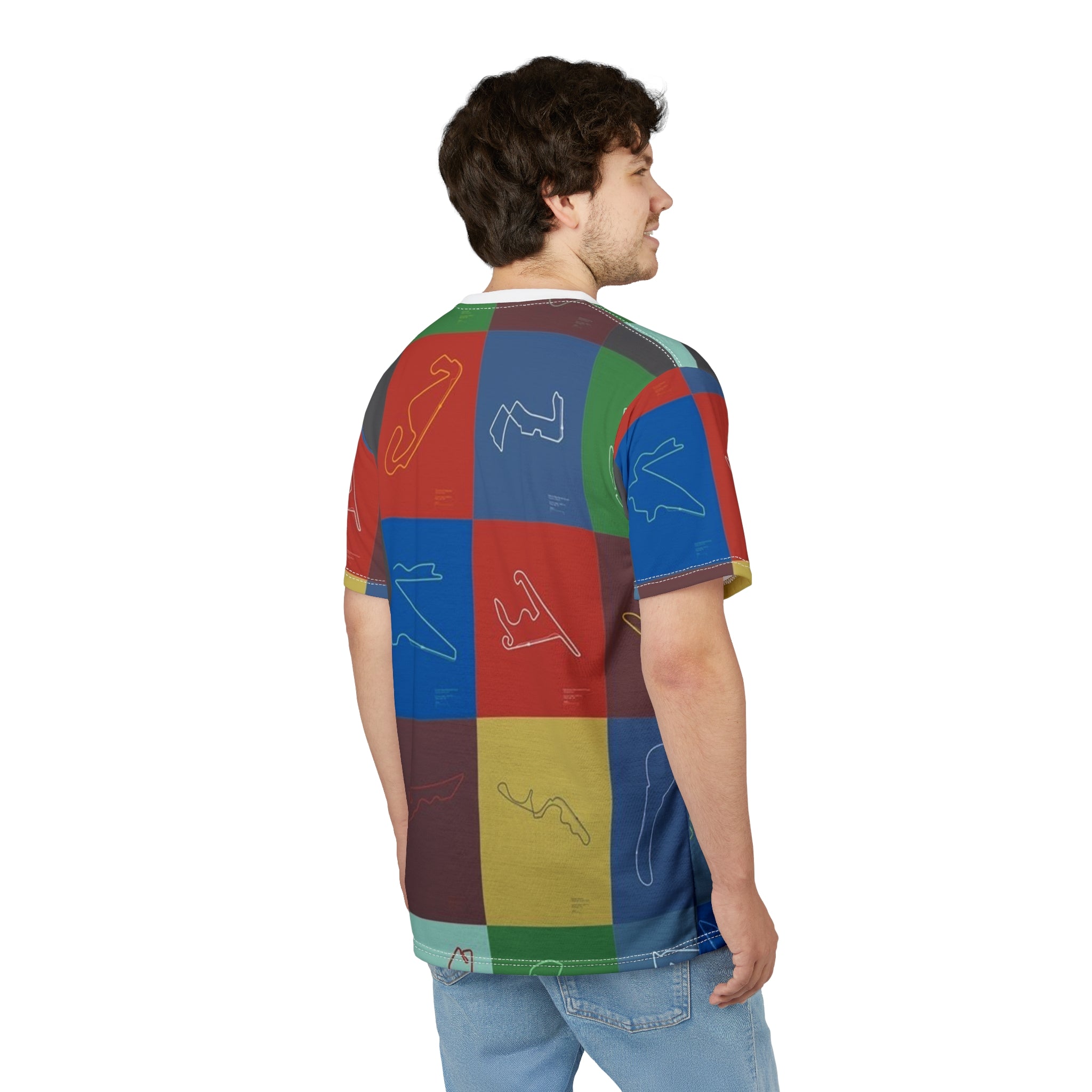 Race Track Grid All-Over Print Tee — Colorful Circuit Outline Shirt