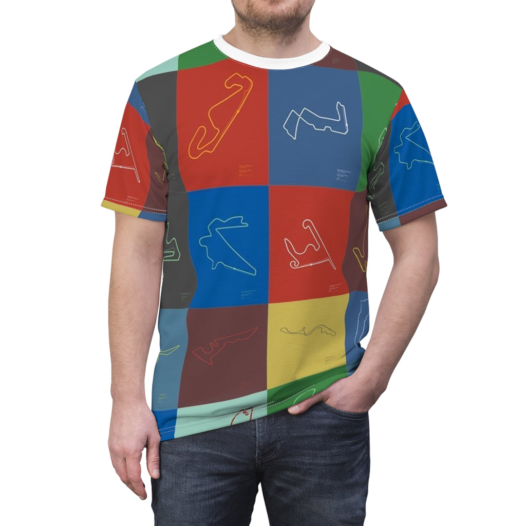 Race Track Grid All-Over Print Tee — Colorful Circuit Outline Shirt